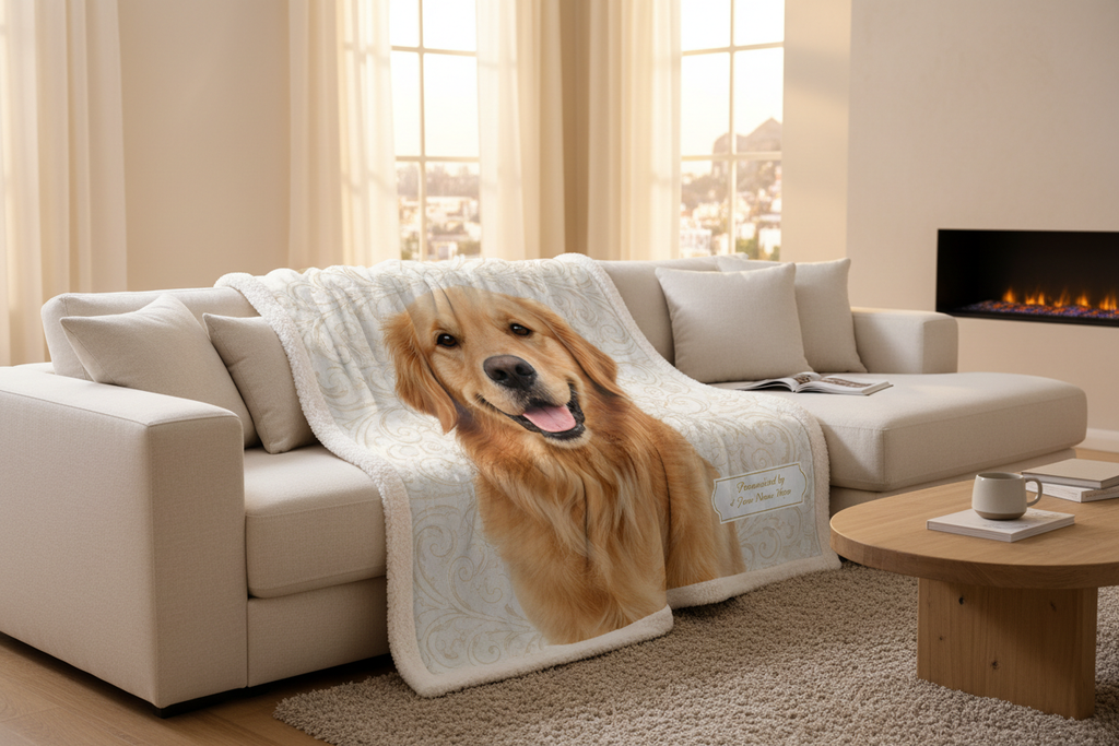 White personalized photo blanket large size pet golden retriever lifestyle