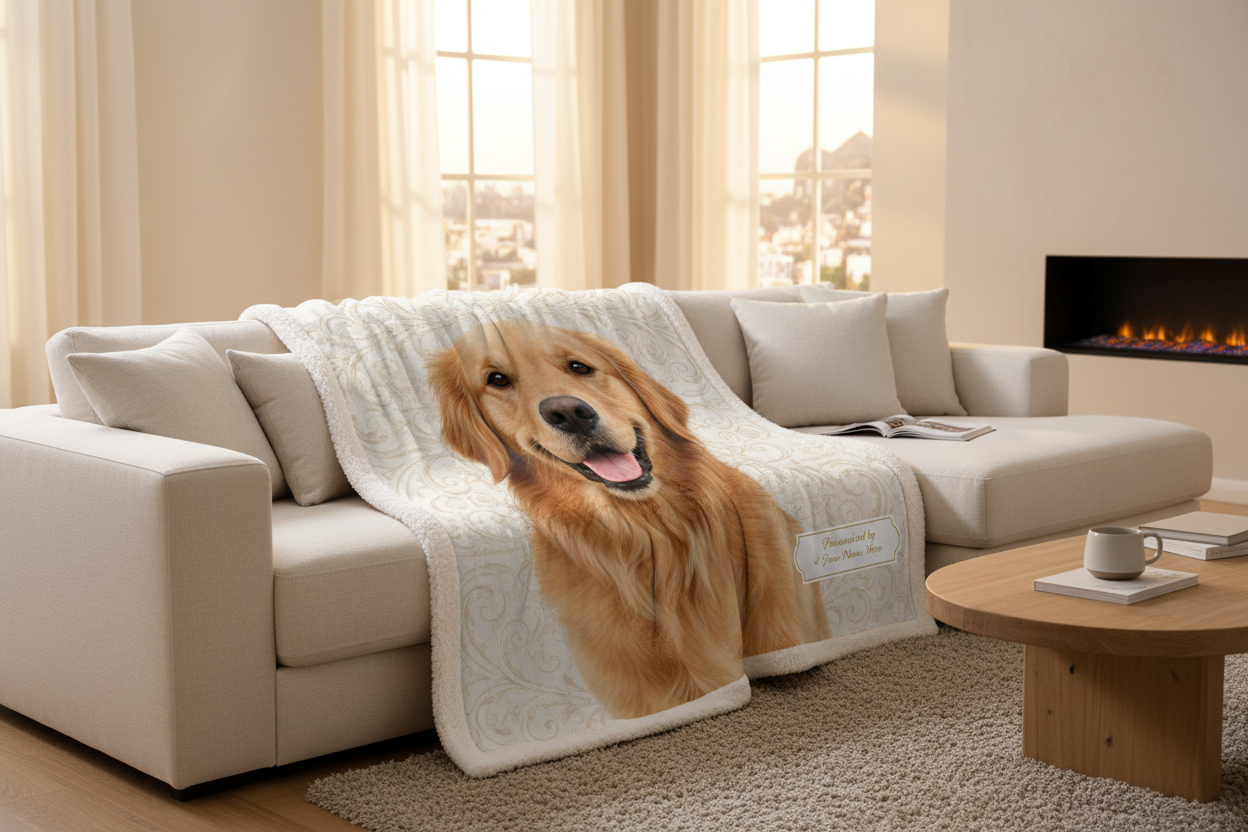 White personalized photo blanket large size pet golden retriever lifestyle