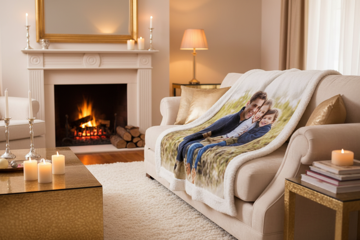 White personalized photo blanket large size family lifestyle