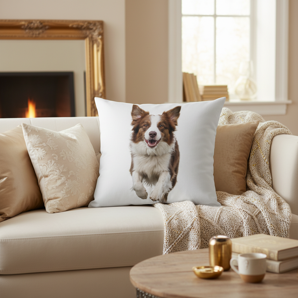 White personalized photo pillow large size border collie dog lifestyle